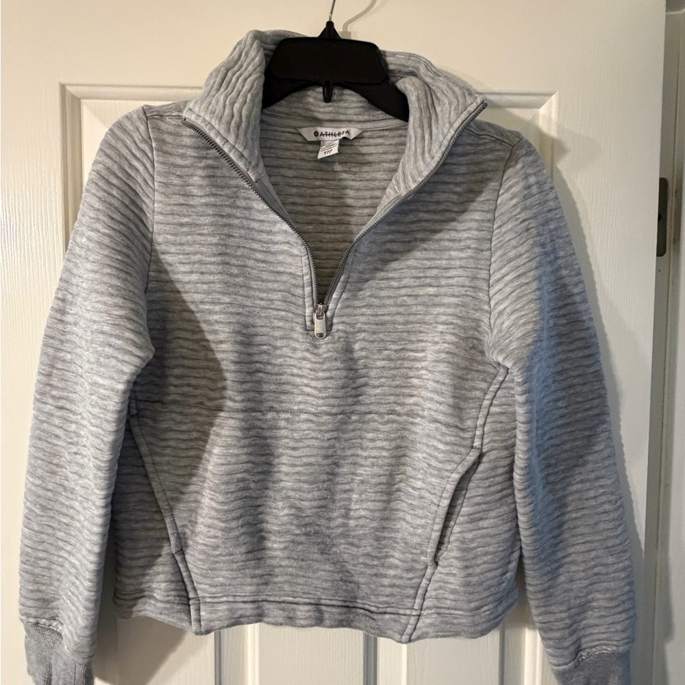 Athleta Cozy Funnel Neck Pullover 1/4” Zip Sweatshirt in Gray/White Size XXS